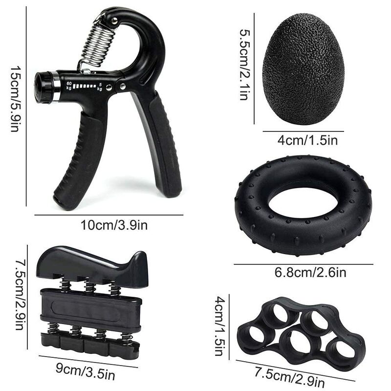 ハンドグリップ強化キット 5 パック 黒色 調整可能なグリップトレーナー 指の練習器 グリップリングとストレスボール 手腕と前腕のトレーニング